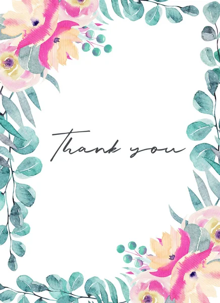 Floral border, card template with watercolor pink flowers, wildflowers, green leaves, branches and eucalyptus;  hand painted isolated illustrations on a white background, Thank you card design