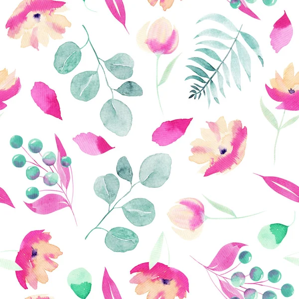 Watercolor Spring Pink Wildflowers Berries Eucalyptus Branches Leaves Seamless Pattern — Stock Photo, Image
