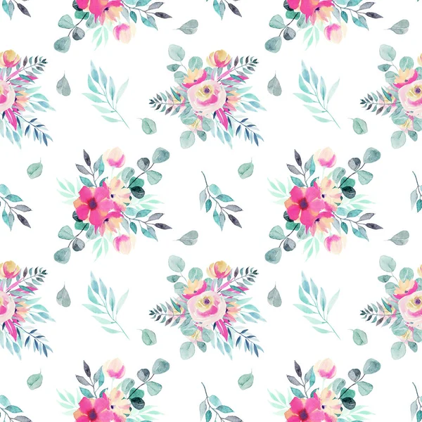 Watercolor Spring Floral Bouquets Branches Leaves Seamless Pattern Hand Painted — Stock Photo, Image