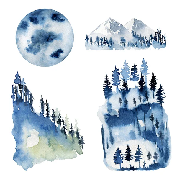 Kolekce Akvarelu Lesní Krajiny Pohled Hory Ručně Kreslené Izolované Ilustrace — Stock fotografie