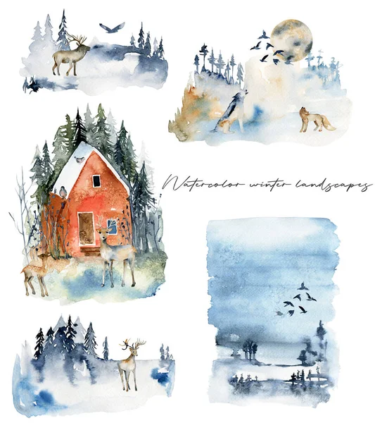 Insamling Akvarell Vinter Landskap Med Skogsdjur Handritad Isolerad Illustration Vit — Stockfoto