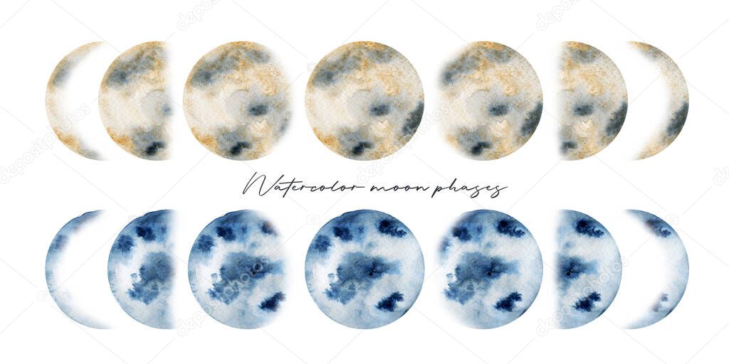 Watercolor artistic moon phases collection, hand painted isolated illustration on white background