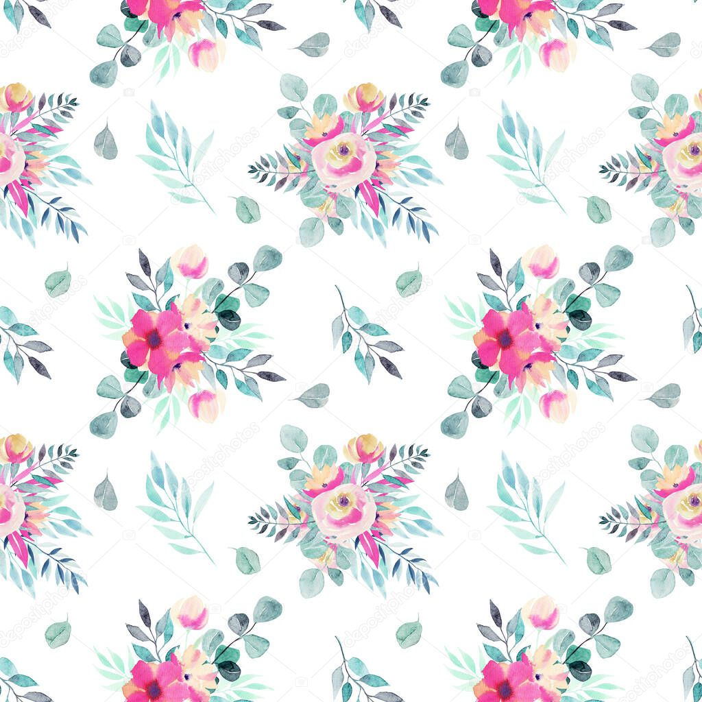 Watercolor spring floral bouquets, branches and leaves seamless pattern, hand painted on a white background