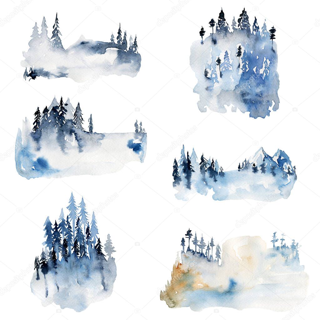 Collection of watercolor winter landscapes and forest nature view, hand drawn isolated illustration on white background