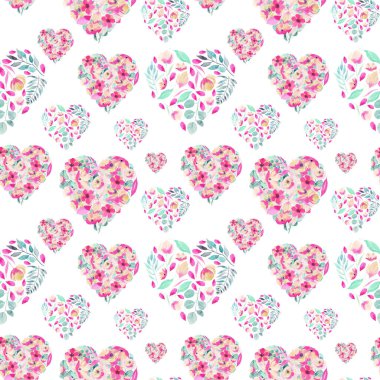 Pembe çiçeklerin suluboya çiçeklerinin kusursuz deseni, beyaz arka planda el boyaması çizimler.