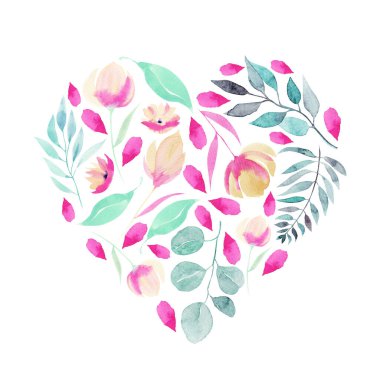 Parlak pembe çiçeklerden ve yeşil bitkilerden oluşan suluboya bir kalp, beyaz arka planda izole edilmiş resimler.