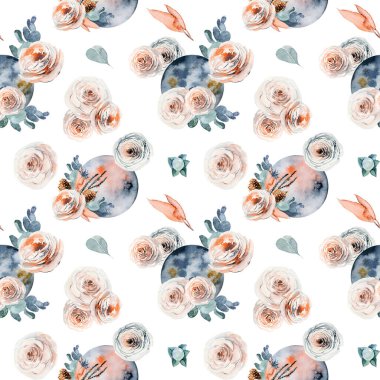 Beyaz arka plandaki suluboya dolunayın kusursuz deseni (pembe ve beyaz güller, okaliptüs dalları)