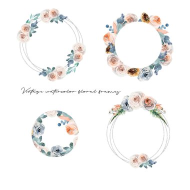 Beyaz ve pembe güller ve okaliptüs dalları ile suluboya klasik çiçek çerçeveleri, beyaz bir arka planda izole bir illüstrasyon