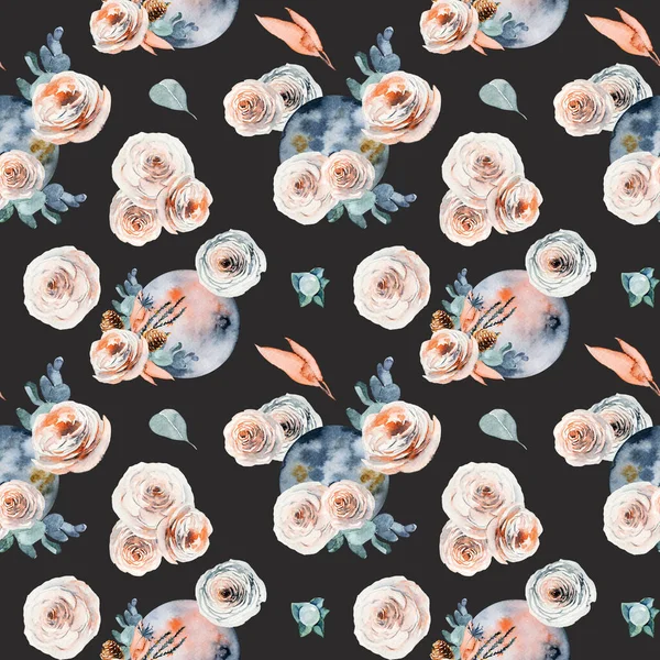 Seamless pattern of watercolor full moon in vintage flower (pink and white roses, eucalyptus branches) compositions on dark background