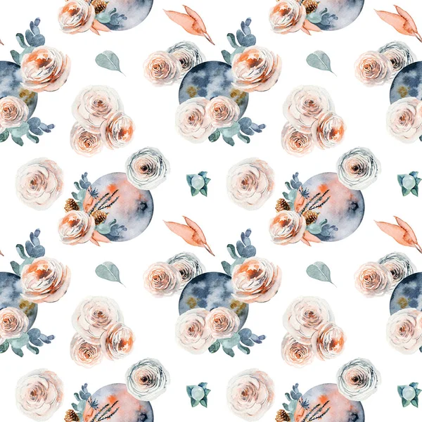 Seamless pattern of watercolor full moon in vintage flower (pink and white roses, eucalyptus branches) compositions on white background