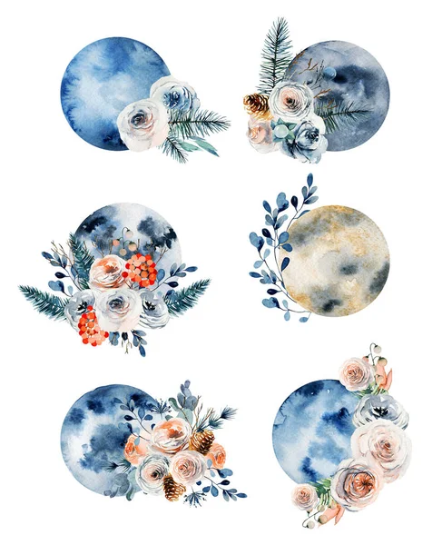 Set of watercolor full moon in vintage flower (pink and white roses, eucalyptus branches and fir cones) decorations, vintage floral compositions isolated on white background