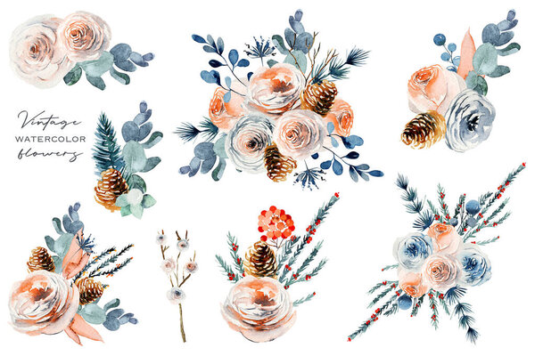 Watercolor floral bouquets set, vintage flower compositions of white and pink roses, eucalyptus and fir branches, isolated illustration on white background