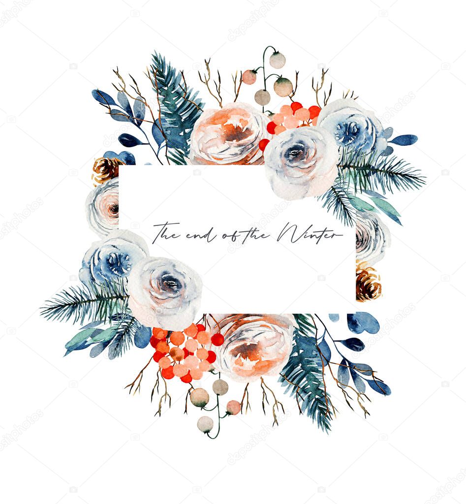 Watercolor vintage floral frame with white and pink roses, fir branches and red berries, isolated illustration on a white background