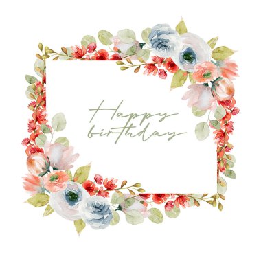 Suluboya bahar pembe ve beyaz güller, kır çiçekleri, yeşillik ve okaliptüs dallarının çerçeve sınırı; beyaz bir arkaplanda el boyaması izole edilmiş resimler, doğum günü kartı tasarımı