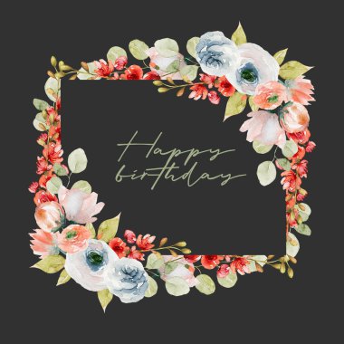 Sulu bahar pembe ve beyaz güller, kır çiçekleri, yeşillik ve okaliptüs dallarının çerçeve sınırı; koyu bir arkaplanda el boyaması izole edilmiş resimler, doğum günü kartı tasarımı