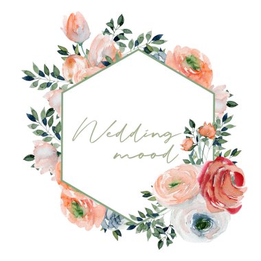 Suluboya pembe güller, kır çiçekleri ve yeşil dallardan oluşan çokgen çerçeve; beyaz bir arka plan üzerinde el boyalı izole çizimler, düğün kartı tasarımı