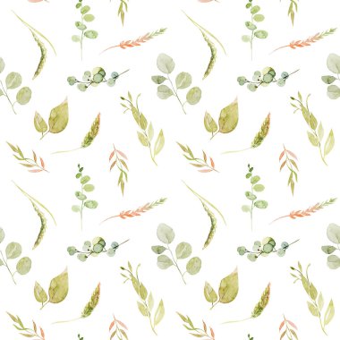 Yeşil dalların, okaliptüslerin ve beyaz arkaplandaki çizimlerin dikişsiz desenleri.