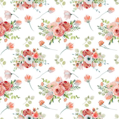 Pembe ve kırmızı güllerin suluboya desenleri, kır çiçekleri ve okaliptüs dalları, beyaz arkaplanda resimler