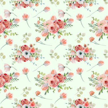 Pembe ve kırmızı güllerin suluboya desenleri, kır çiçekleri ve okaliptüs dalları, yeşil arkaplanda resimler