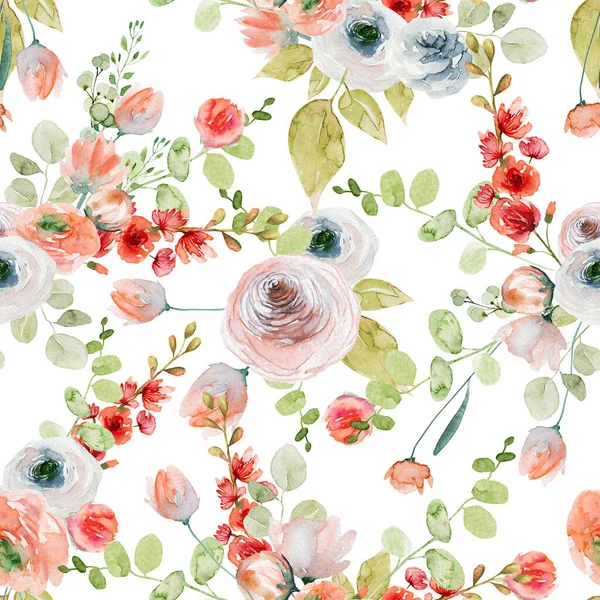 Akvarell Virág Zökkenőmentes Minta Rózsaszín Fehér Rózsa Vadvirágok Eukaliptusz Ágak — Stock Fotó
