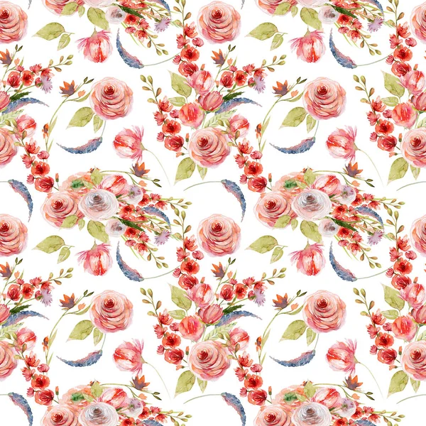 Aquarelle Motif Floral Sans Couture Roses Roses Rouges Fleurs Sauvages — Photo