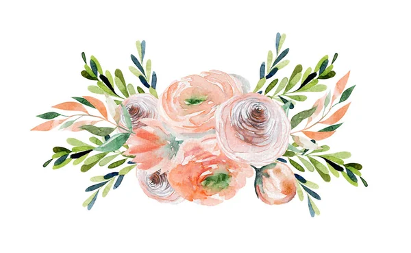 Akvarell Våren Blommig Bukett Ömma Rosor Och Vilda Blommor Gröna — Stockfoto