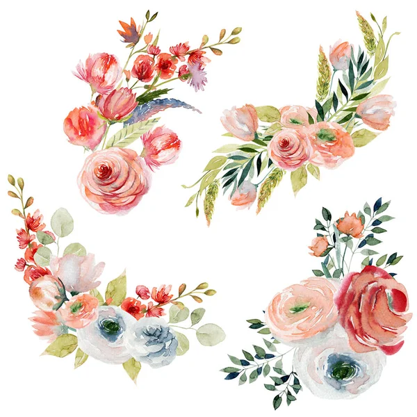Set Von Frühlingsblumensträußen Aquarell Und Kompositionen Aus Zarten Rosen Und — Stockfoto