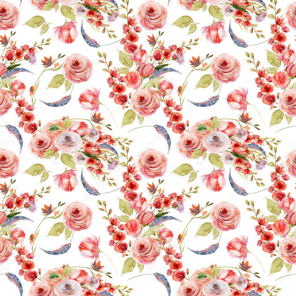 Watercolor floral seamless pattern of pink and red roses and wildflowers, illustration on white background