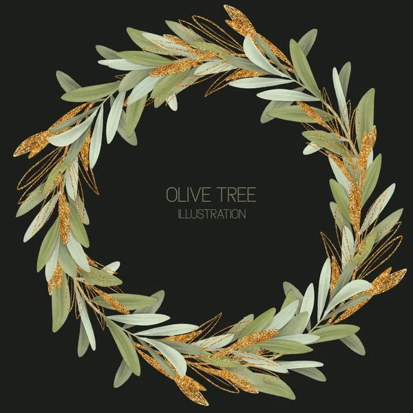 Wreath of green and golden olive tree branches, hand drawn isolated illustration on dark background