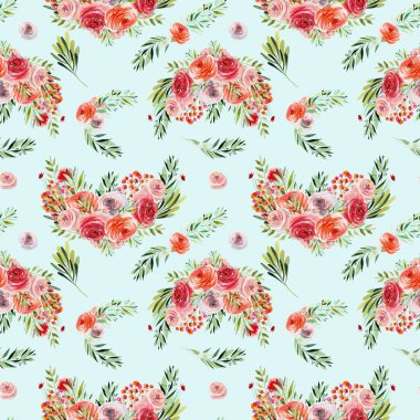 Çiçeksiz pembe, kırmızı güller ve yeşillik kompozisyonlarının suluboya deseni, mavi arkaplanda çizimler