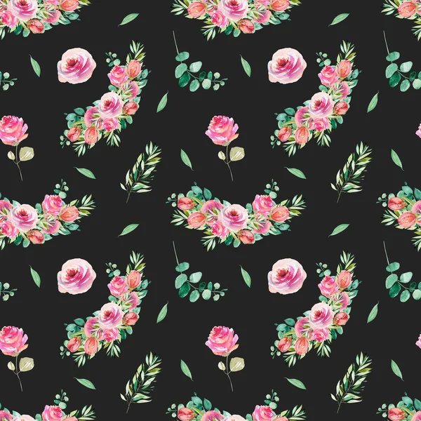 Blommig Sömlös Mönster Akvarell Rosa Rosor Grönska Och Eukalyptus Grenar — Stockfoto