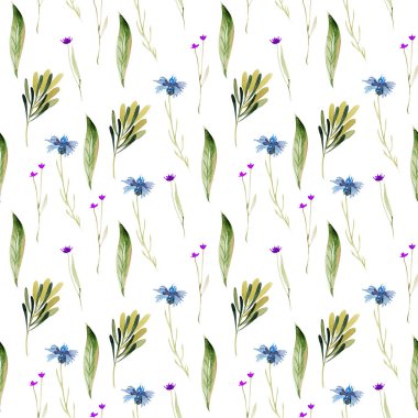 Çiçeklerin dikişsiz suluboya deseni, kır çiçekleri, yeşil yapraklar ve dallar, beyaz arkaplanda resimler