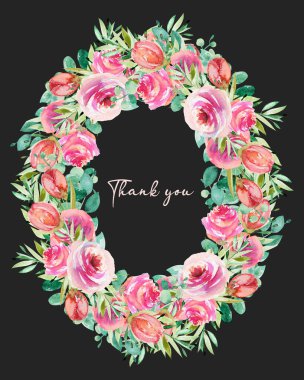 Suluboya pembe güller, yeşil yapraklar ve okaliptüs dalları, koyu arkaplanda izole bir illüstrasyon; Teşekkürler kart tasarımı