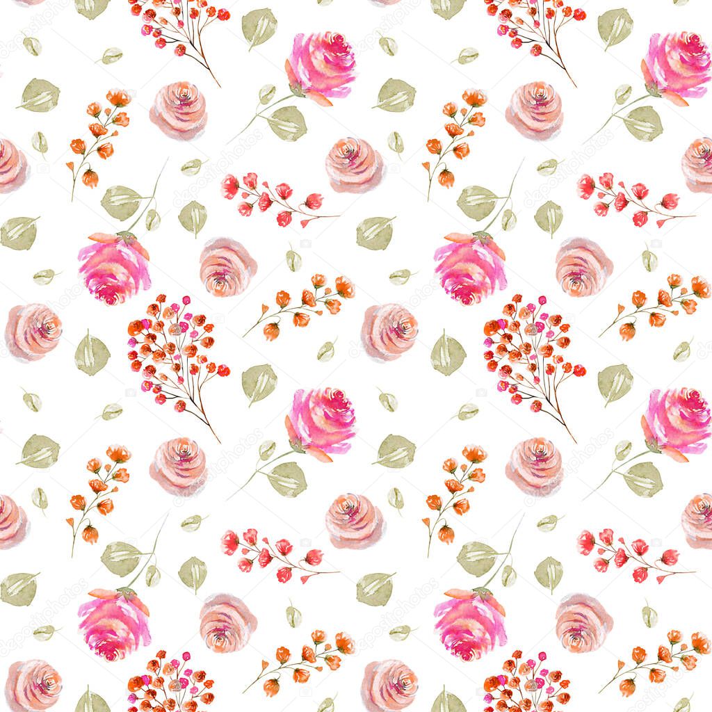 Watercolor tender pink roses and green rose leaves seamless pattern, illustration on white background