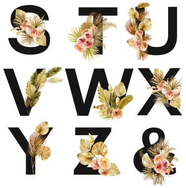 Çiçekli S-Z harfleri, kurutulmuş palmiye yaprakları ve güllerden oluşan suluboya buketler, beyaz arka planda izole edilmiş resimler, düğün monogramı, tebrik kartları, logo