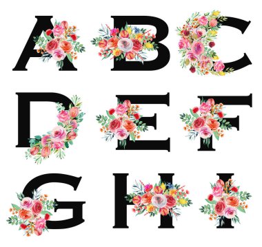 Çiçekli A-I harfleri. Parlak kır çiçekleri ve güllerle sulu boya. Beyaz arka planda izole edilmiş resimler.