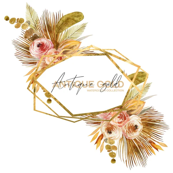 Geometrický Zlatý Rám Zdobený Akvarelem Sušených Vějířových Palmových Listů Eukalyptovými — Stock fotografie