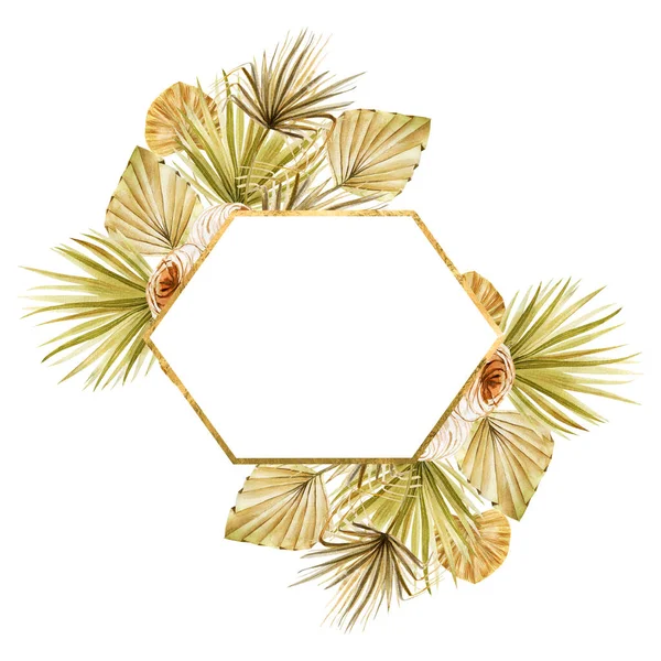 Geometryczna Złota Rama Ozdobiona Akwarelowymi Suszonymi Różami Suszonymi Liśćmi Palmowymi — Zdjęcie stockowe