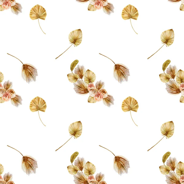 Seamless pattern with watercolor dried roses and dried fan palm leaves, illustration on white background