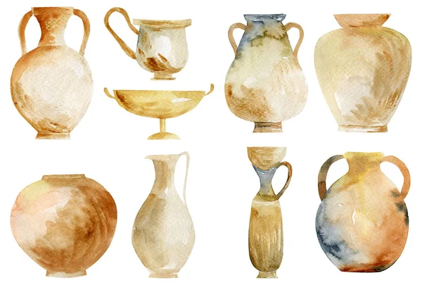 Set Acquerello Ceramiche Antiche Illustrazione Isolata Sfondo Bianco — Foto Stock