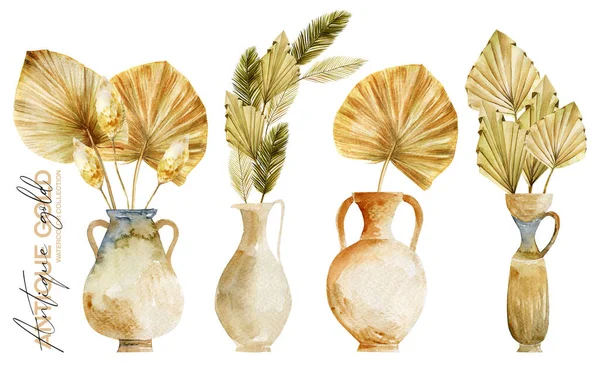 一套水彩画古董花瓶和带有干扇形棕榈叶的陶器 白色背景的孤立插图 — 图库照片