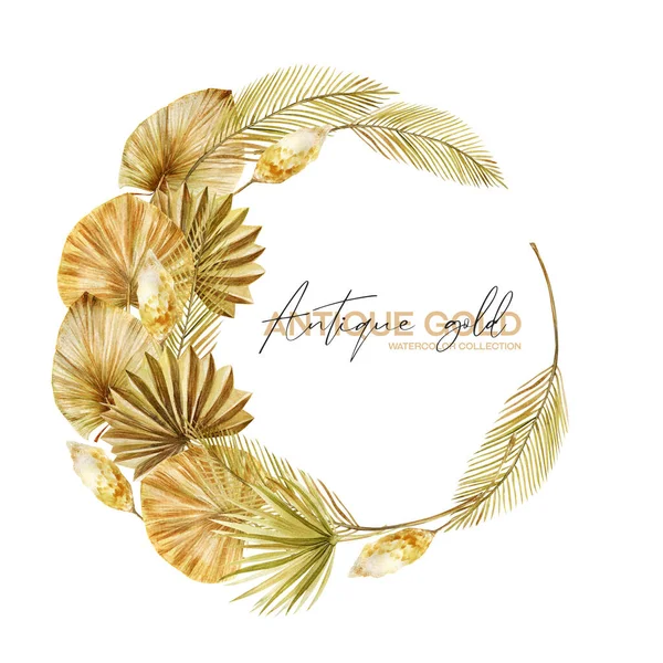 水彩画黄金の乾燥したヤシの葉のリースは 白い背景に孤立したイラストをBohoスタイルで残します — ストック写真