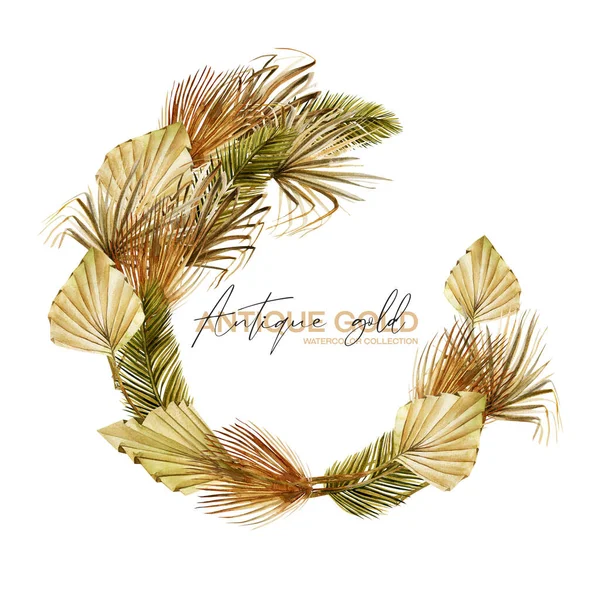 Wreath Watercolor Green Brown Golden Dried Palm Leaves Boho Style — Stock Photo, Image