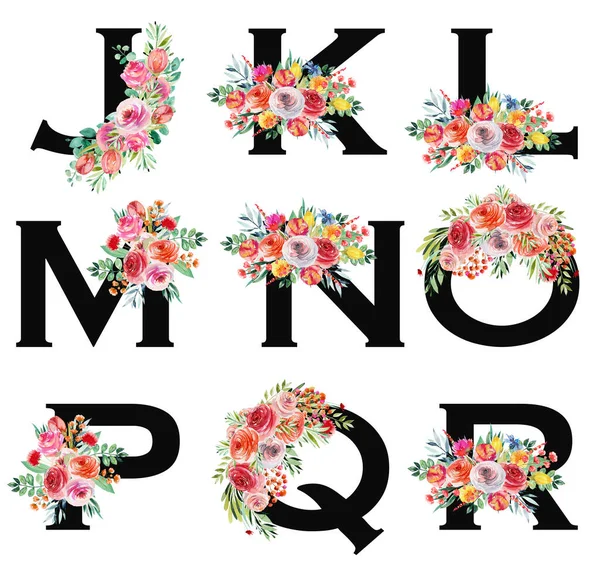 花文字のセット R水彩明るい夏の野の花とバラ 白い背景に孤立したイラスト 結婚式のモノグラム グリーティングカード — ストック写真