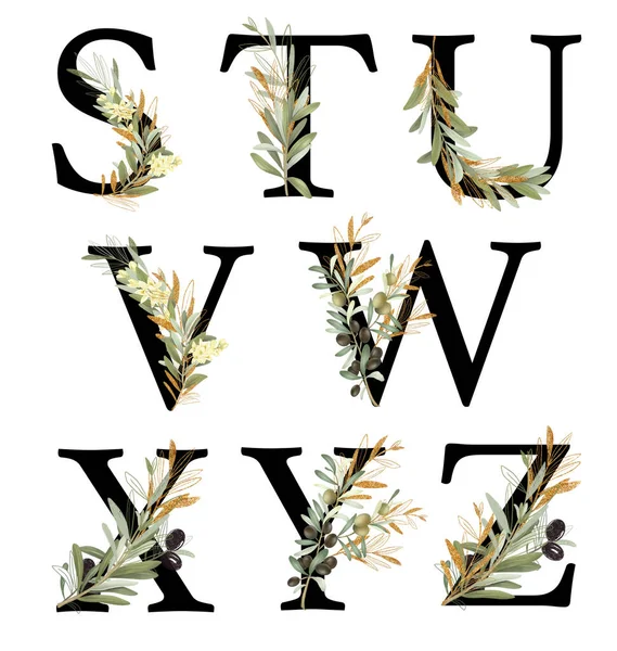 Set Letters Olive Green Golden Branches Isolated Illustration White Background — Stock Photo, Image