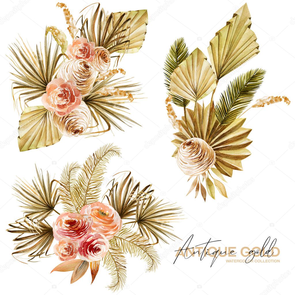 Set of watercolor floral bouquets of golden dried fan palm leaves, roses, pampas grass and exotic plants, isolated illustration on white background
