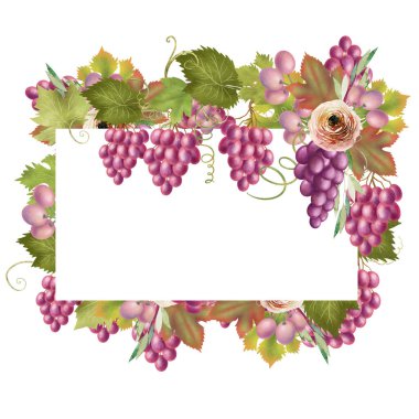 Fruit frame of pink and purple grapes and leaves, hand drawn isolated illustration on white background