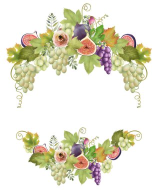 Fruit wreath of green and purple grapes, leaves, figs and flowers, hand drawn isolated illustration on white background