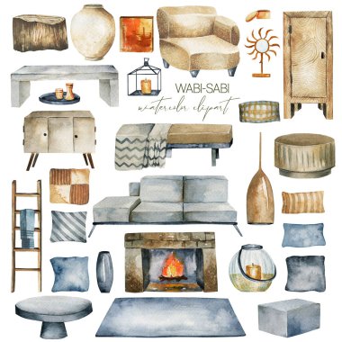 Watercolor wabi-sabi style furniture and home decor set, hand drawn illustration on white background