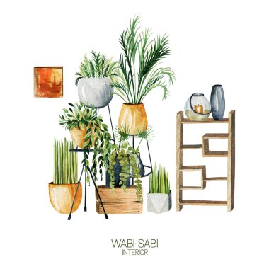 Interior scene of watercolor potted plants and home decor details, hand drawn illustration on white background